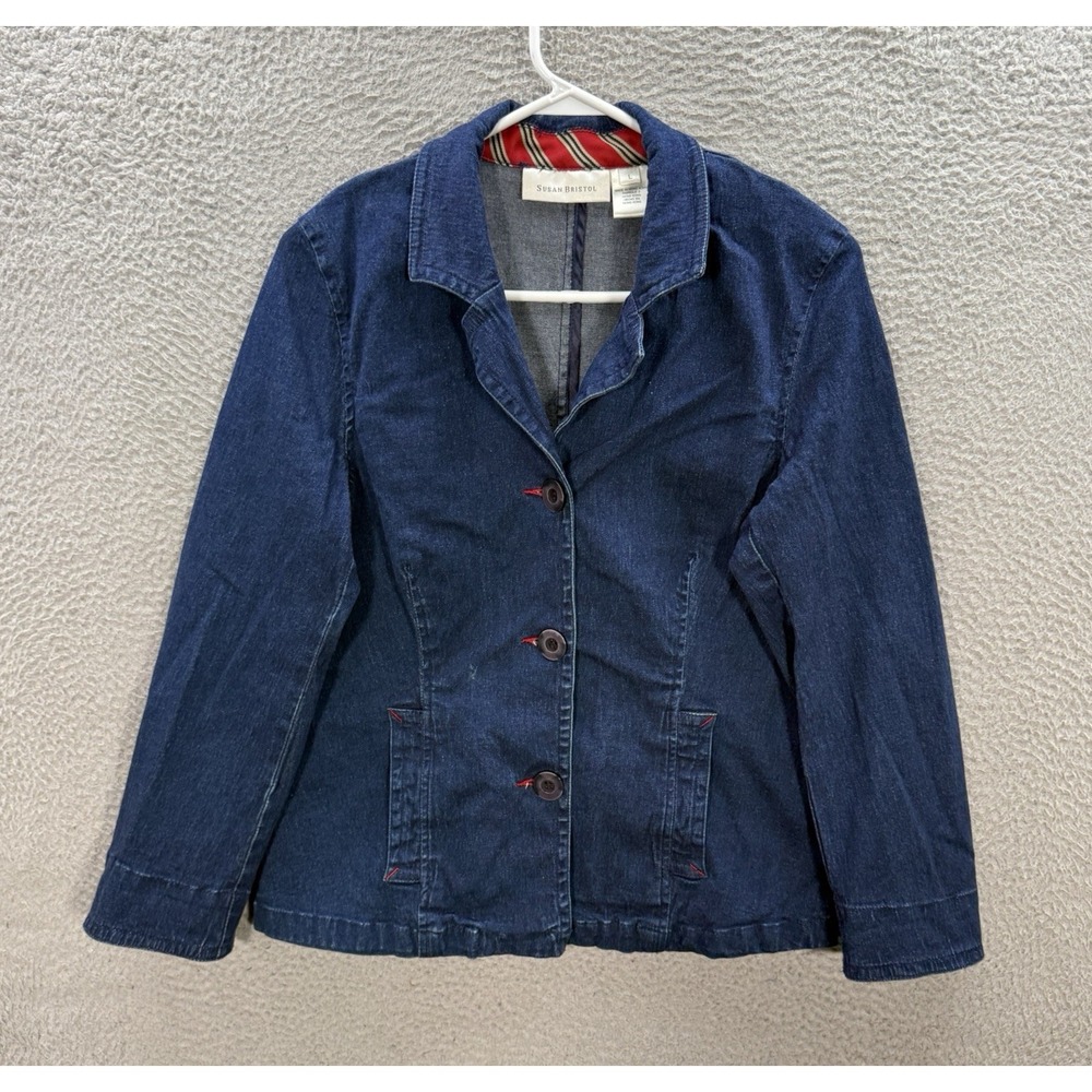 Vintage Susan Bristol Jacket Womens Large Blue Chambray Denim Stretch 90s Y2K